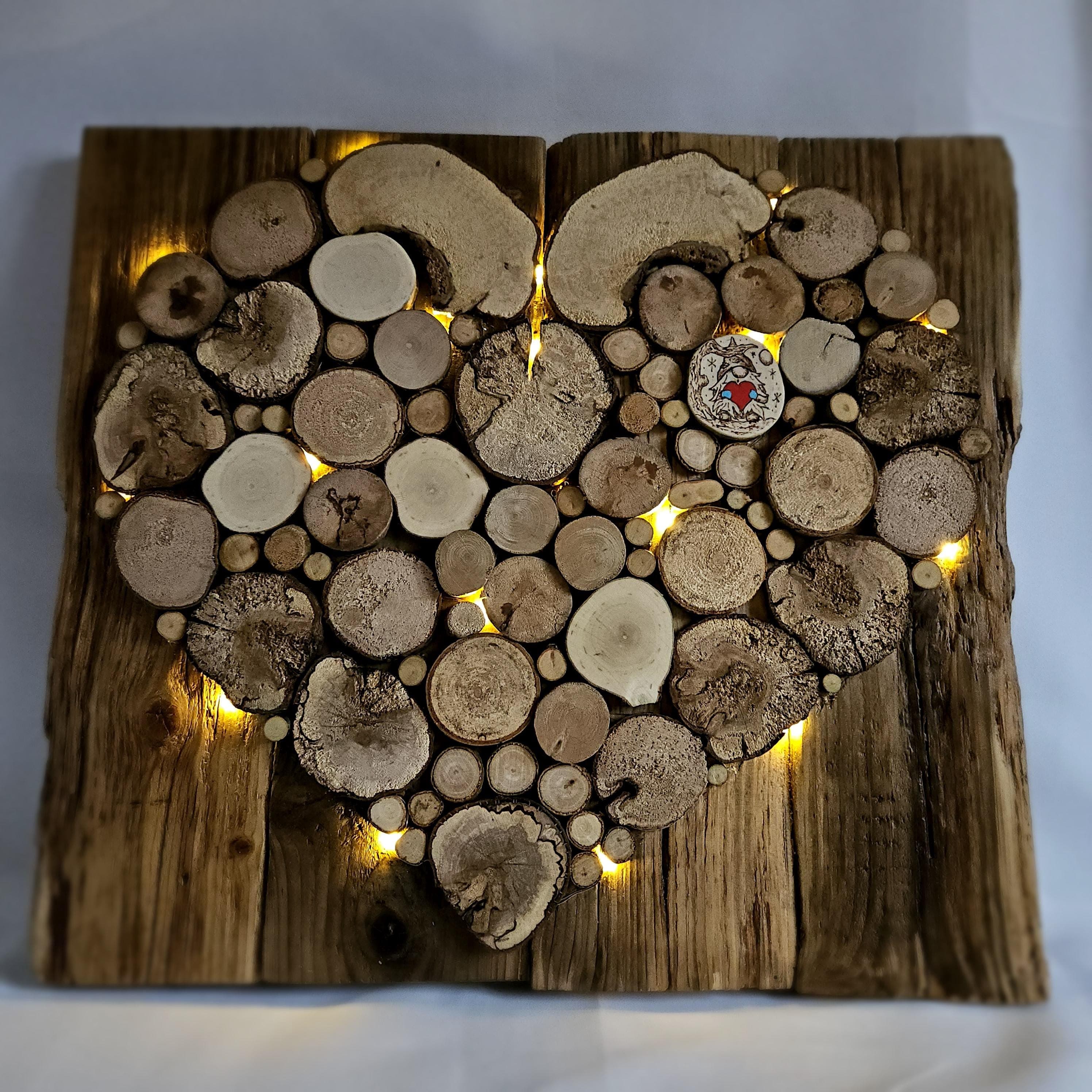 Wood Slice Heart with Fairy Lights & Pyrography, Mixed native species, made in Wotton-under-Edge, Gloucestershire, by Bough & Burrow - View 6