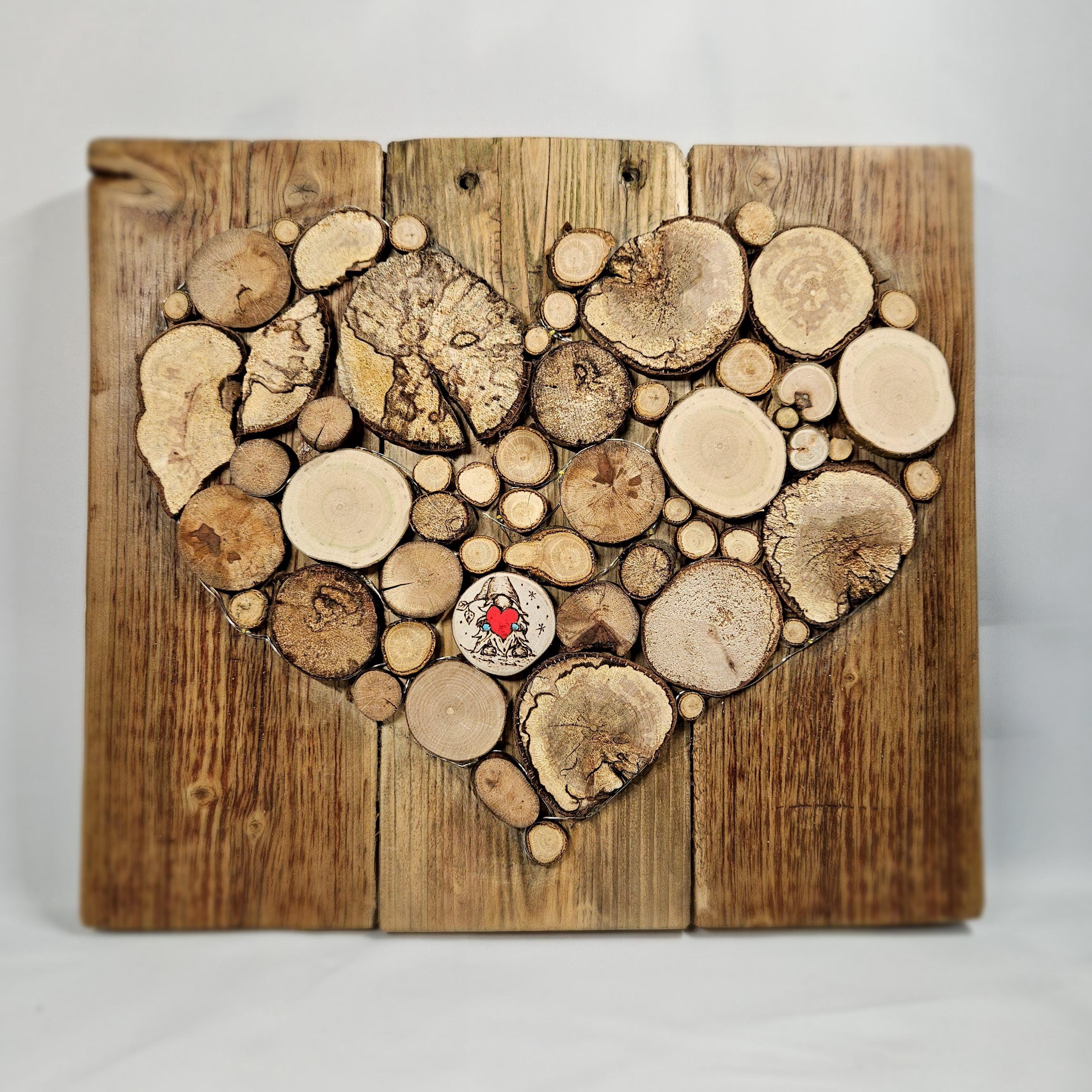 Wood Slice Mosaic featuring Pyrography Detail and Heart Design, made in Wotton-under-Edge, Gloucestershire, by Bough & Burrow - View 2