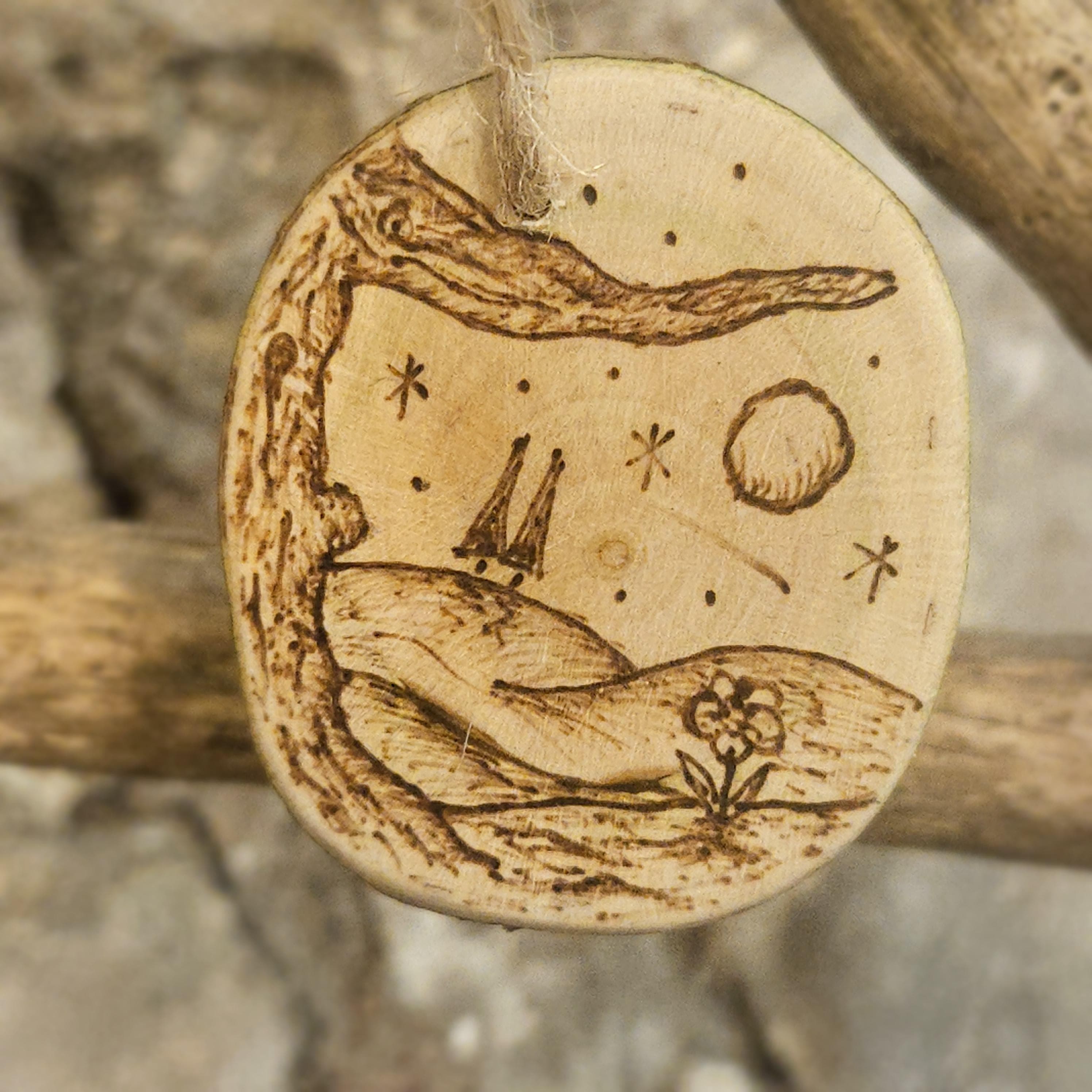 Wood slice Art, Spring Gonk / Gnome & Flowers Wooden Keepsake with Moonlit Landscape, made in Wotton-under-Edge, Gloucestershire, by Bough & Burrow - View 5