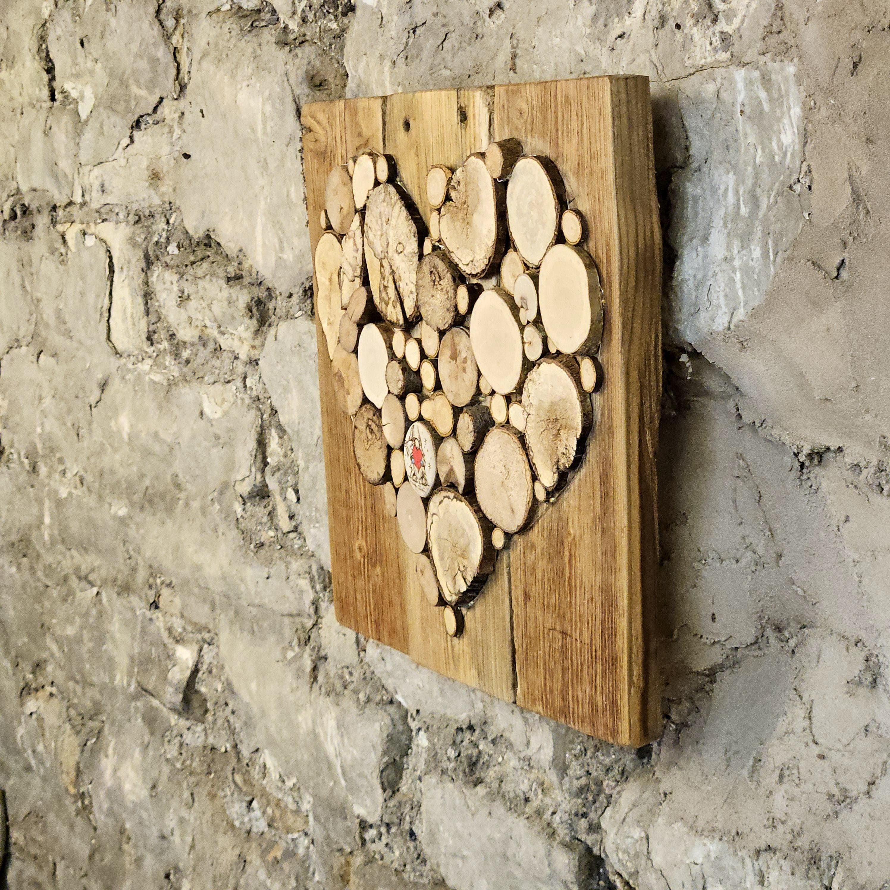 Wood Slice Mosaic featuring Pyrography Detail and Heart Design, made in Wotton-under-Edge, Gloucestershire, by Bough & Burrow - View 9