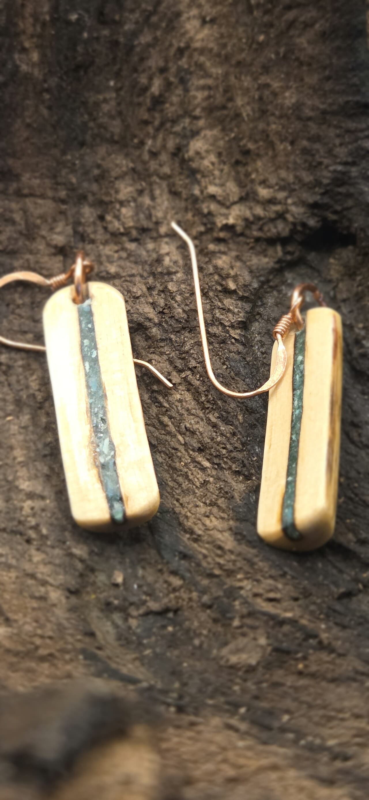 Cornish Driftwood Drop Earrings with Fuchsite & Turquoise Inlay, made in Wotton-under-Edge, Gloucestershire, by Bough & Burrow - View 5