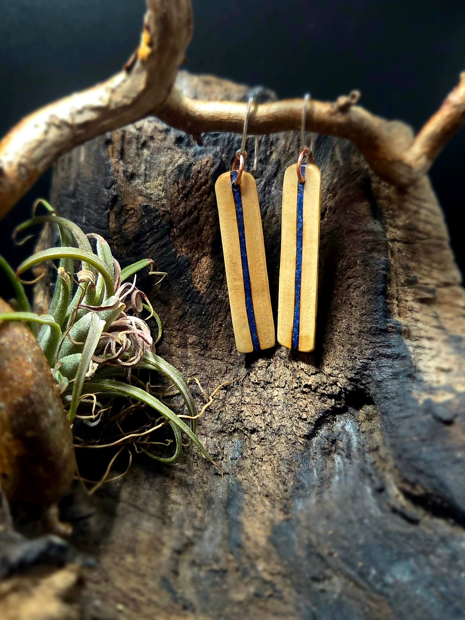 Cornish Driftwood Drop Earrings with Azurite Inlay, made in Wotton-under-Edge, Gloucestershire, by Bough & Burrow