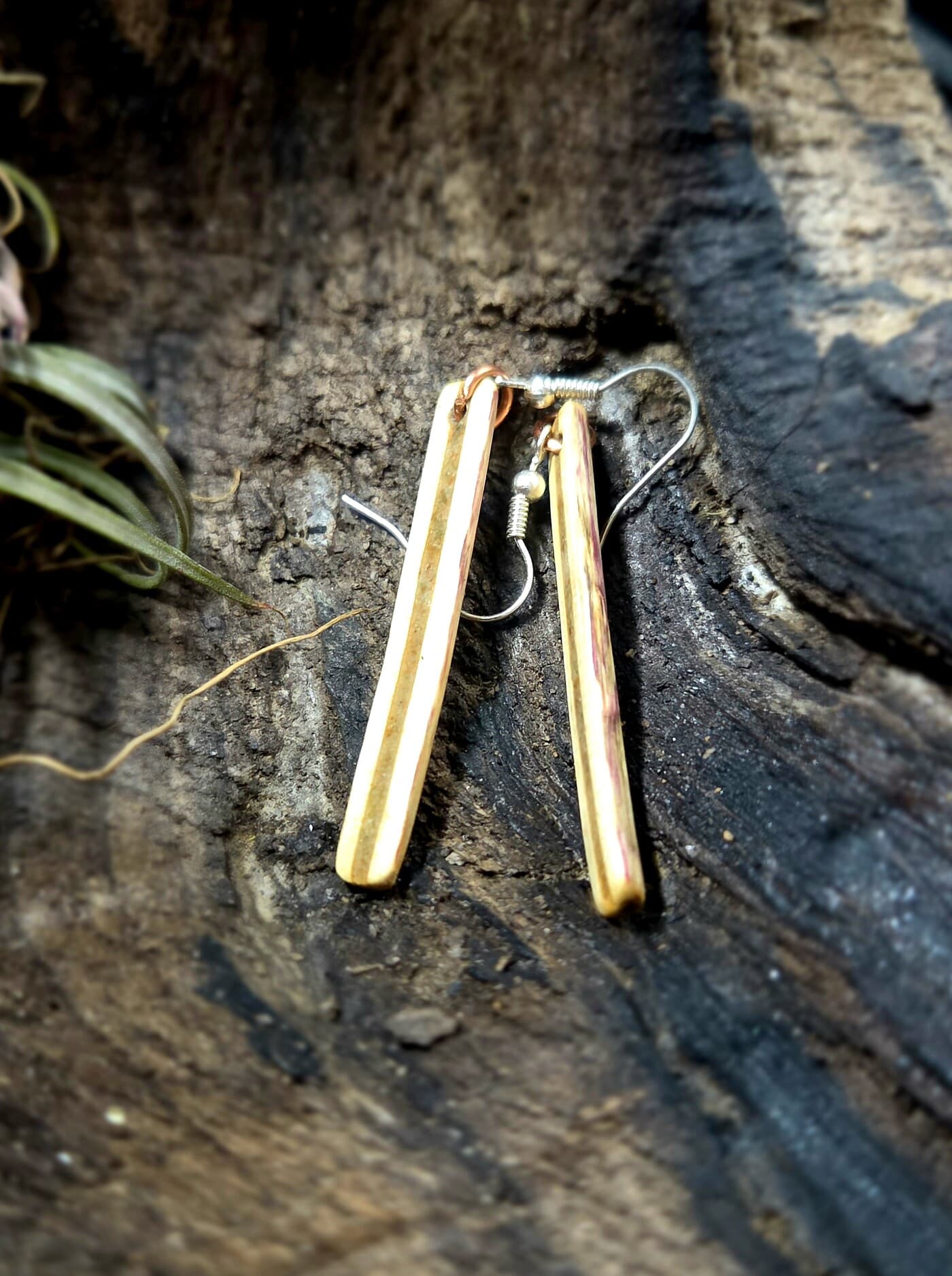 Cornish Driftwood Drop Earrings with Green Tourmaline Inlay, made in Wotton-under-Edge, Gloucestershire, by Bough & Burrow - View 4