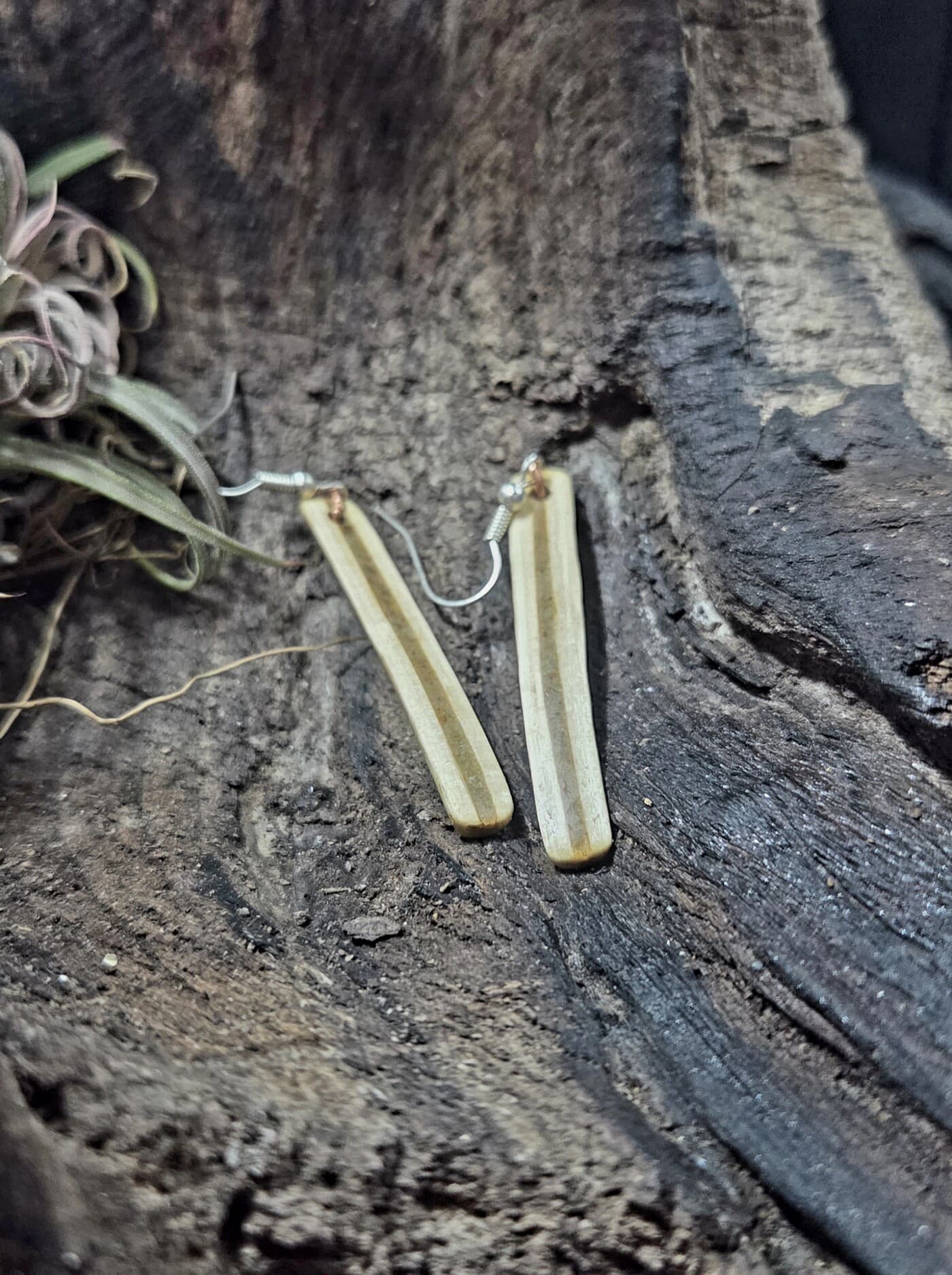 Cornish Driftwood Drop Earrings with Green Tourmaline Inlay, made in Wotton-under-Edge, Gloucestershire, by Bough & Burrow - View 2