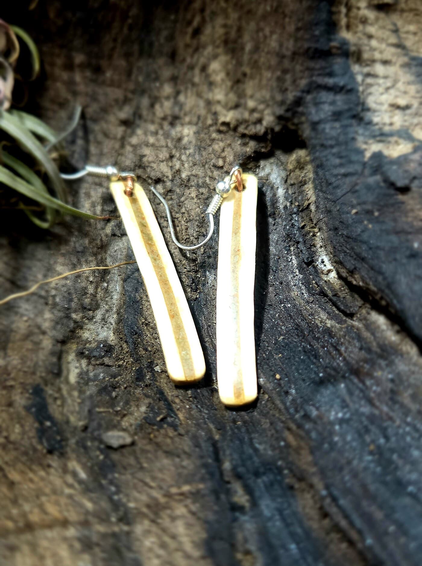 Cornish Driftwood Drop Earrings with Green Tourmaline Inlay, made in Wotton-under-Edge, Gloucestershire, by Bough & Burrow - View 3
