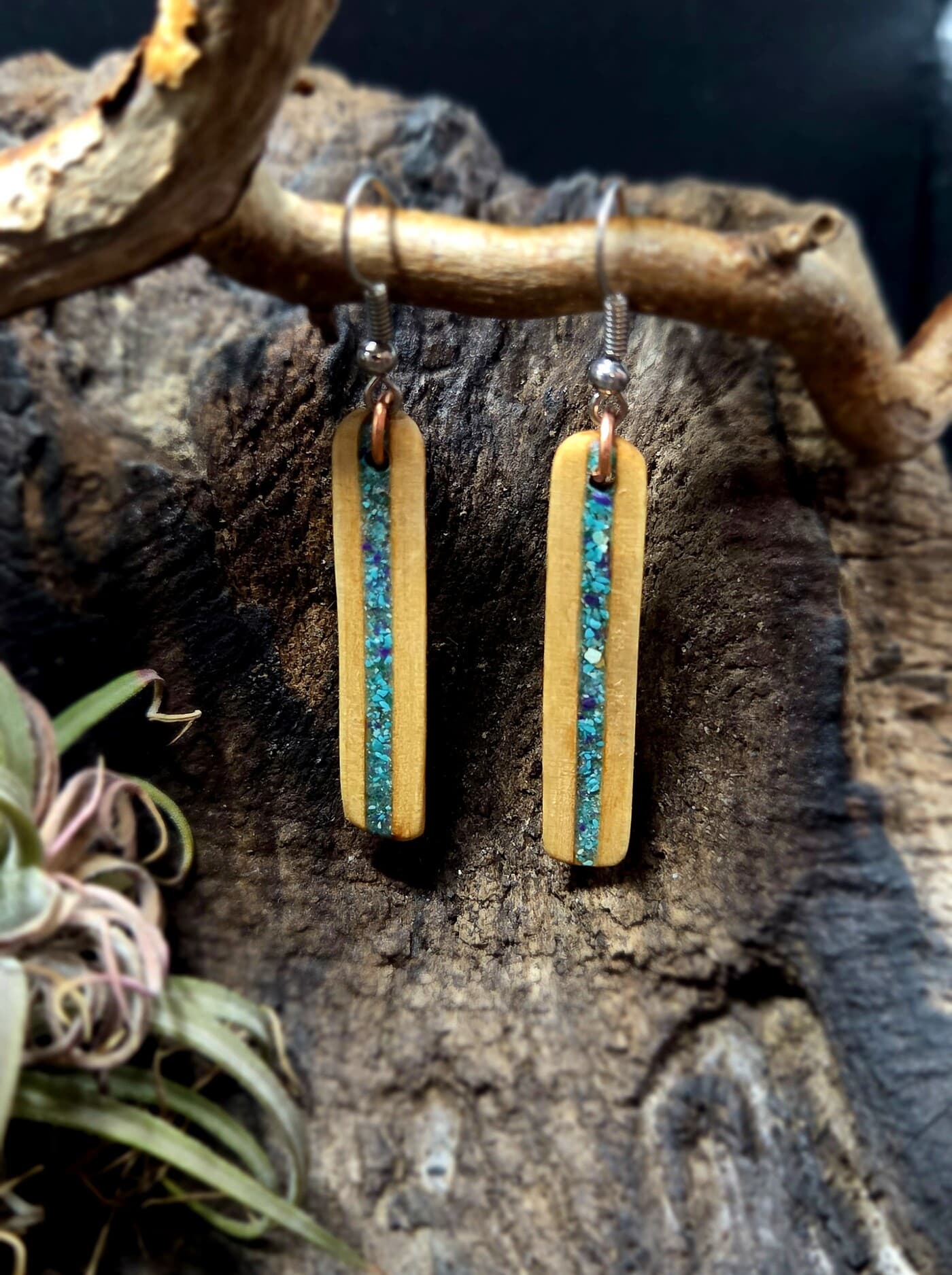 Cornish Driftwood and Turquoise & Sugilite Drop Earrings, made in Wotton-under-Edge, Gloucestershire, by Bough & Burrow - View 2