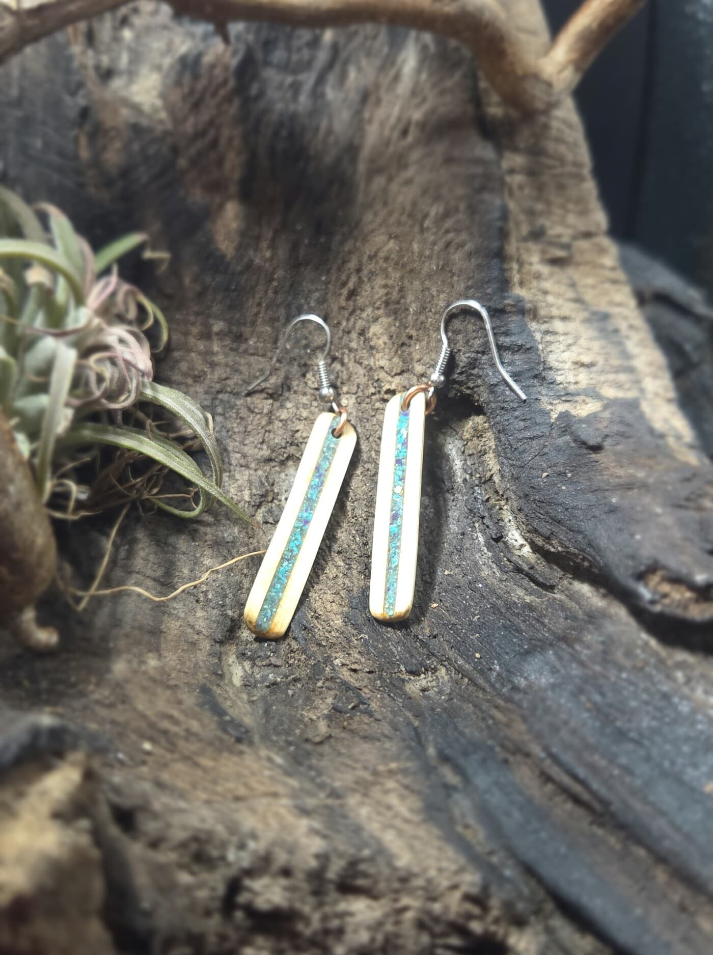Cornish Driftwood and Turquoise & Sugilite Drop Earrings, made in Wotton-under-Edge, Gloucestershire, by Bough & Burrow - View 3