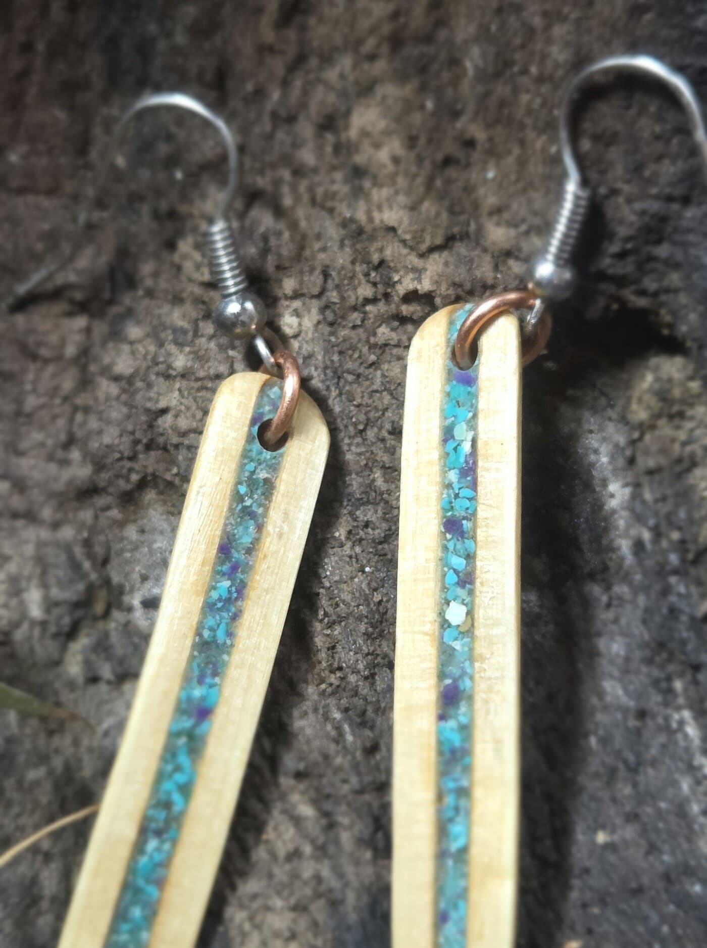 Cornish Driftwood and Turquoise & Sugilite Drop Earrings, made in Wotton-under-Edge, Gloucestershire, by Bough & Burrow - View 5