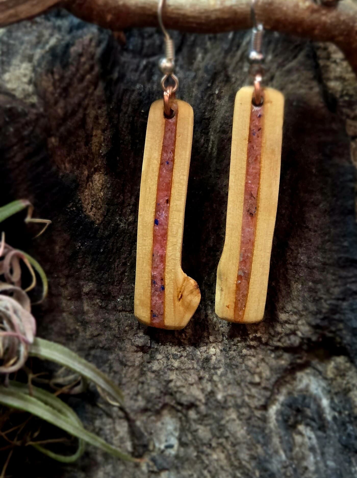Driftwood and Rhodochrosite Drop Earrings, made in Wotton-under-Edge, Gloucestershire, by Bough & Burrow - View 2