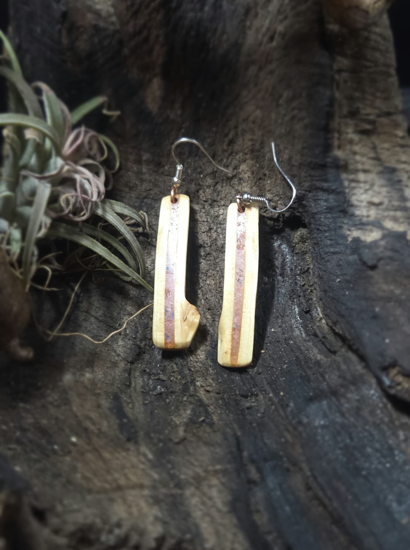 Driftwood and Rhodochrosite Drop Earrings, made in Wotton-under-Edge, Gloucestershire, by Bough & Burrow - View 3