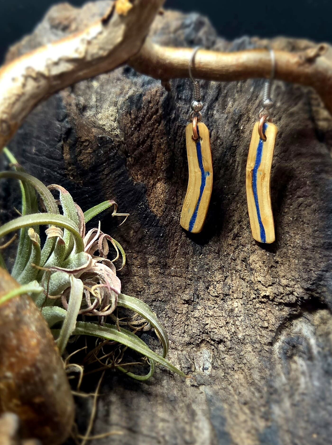 Driftwood and Azurite Drop Earrings, made in Wotton-under-Edge, Gloucestershire, by Bough & Burrow - View 2