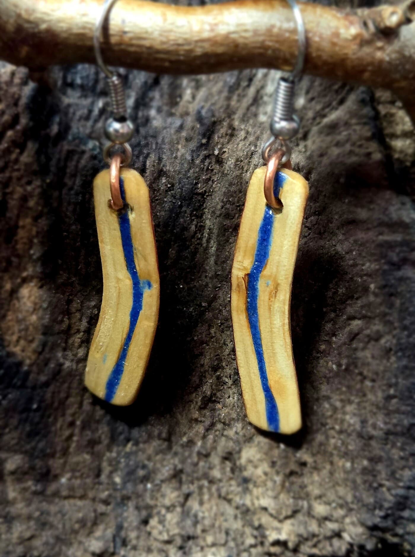 Driftwood and Azurite Drop Earrings, made in Wotton-under-Edge, Gloucestershire, by Bough & Burrow - View 3