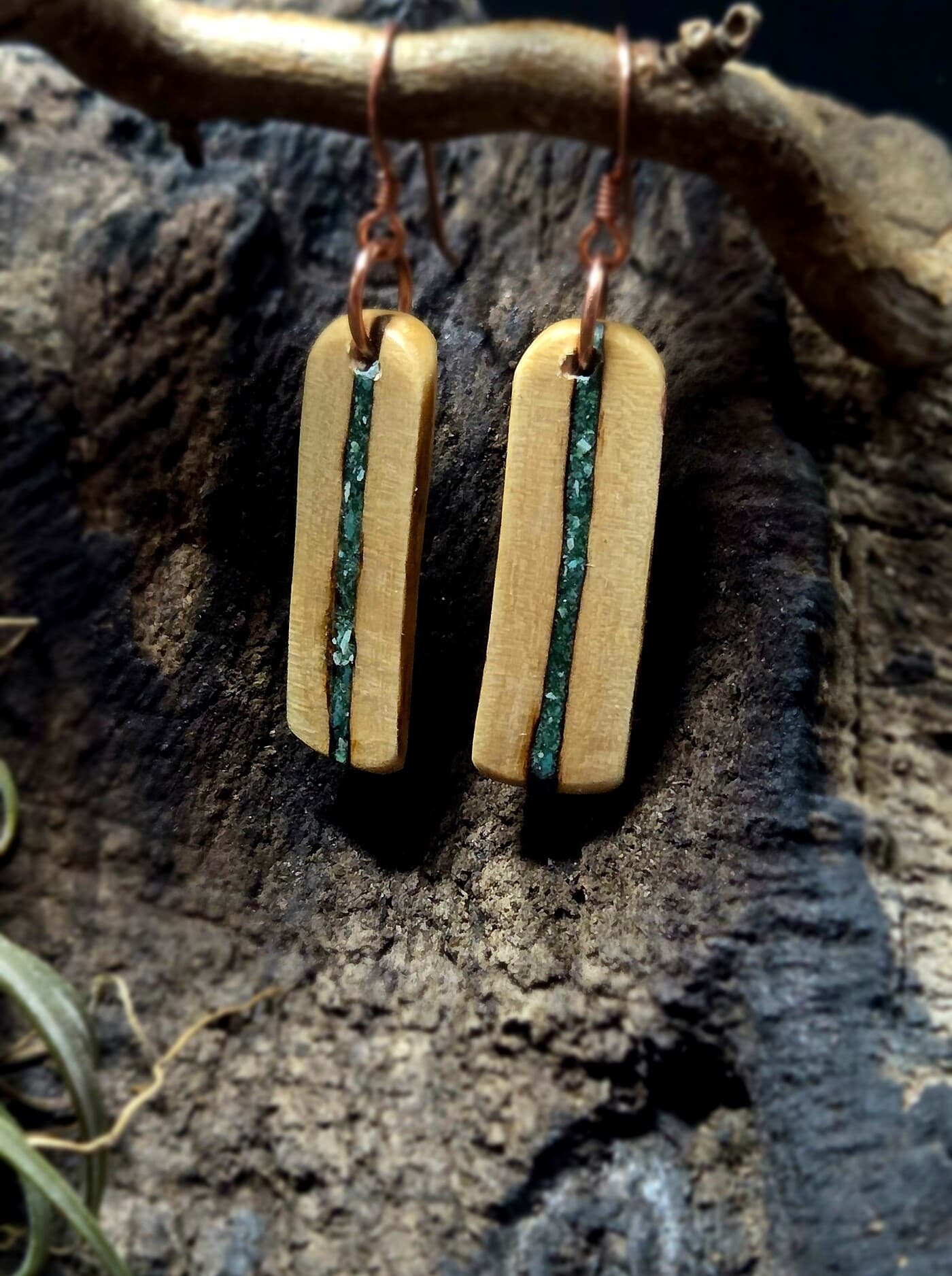 Cornish Driftwood Drop Earrings with Fuchsite & Turquoise Inlay, made in Wotton-under-Edge, Gloucestershire, by Bough & Burrow - View 2