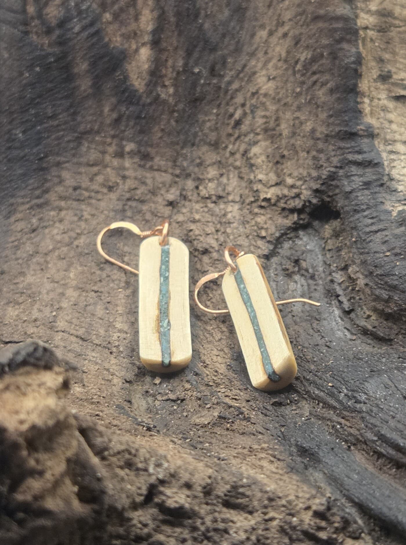 Cornish Driftwood Drop Earrings with Fuchsite & Turquoise Inlay, made in Wotton-under-Edge, Gloucestershire, by Bough & Burrow - View 3