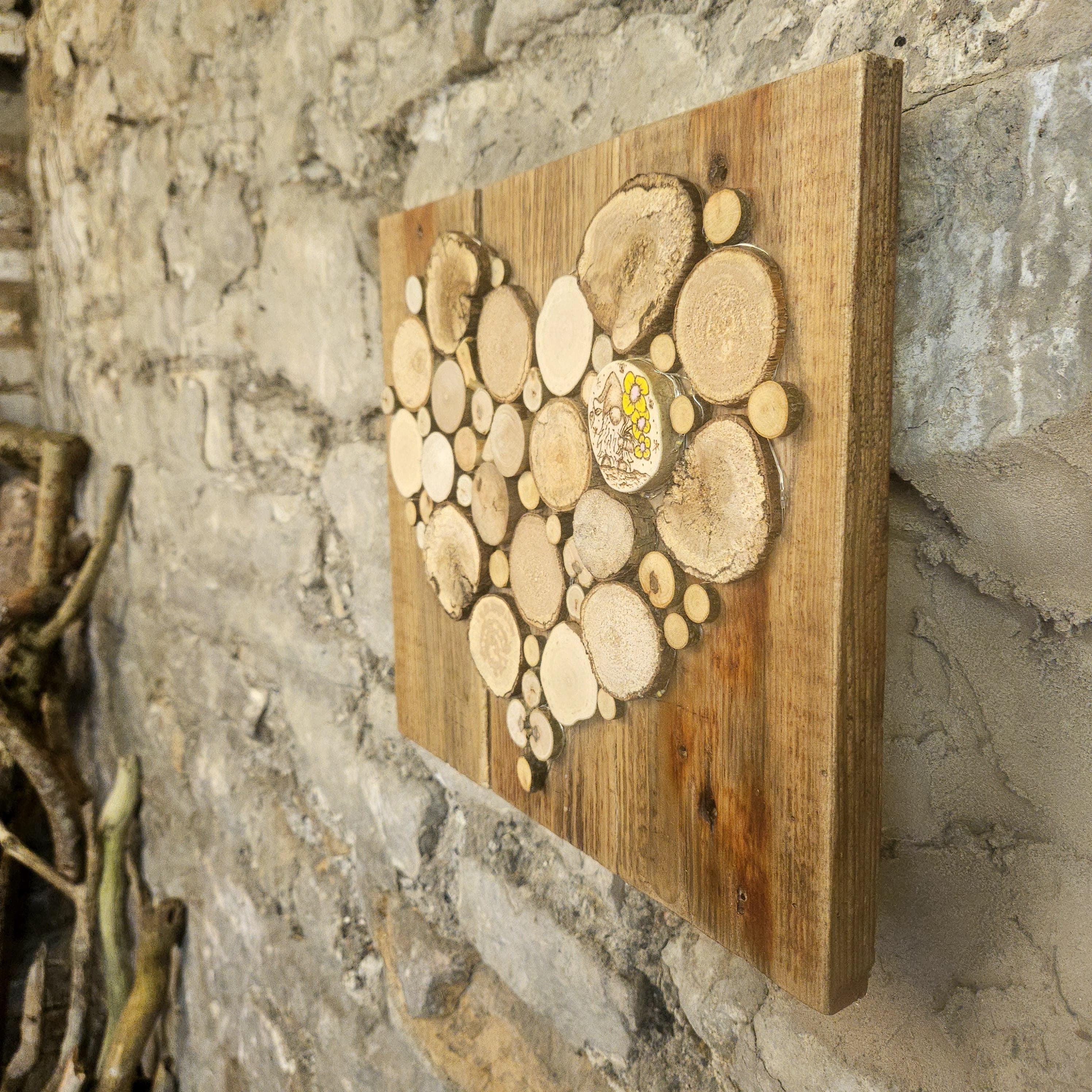 Wooden Wall Art wood decor featuring Heart Design and Pyrography Gonk & Flowers Detail, Rustic Wall Art, Wood Decor, Mother's Day Gift, made in Wotton-under-Edge, Gloucestershire, by Bough & Burrow - View 9