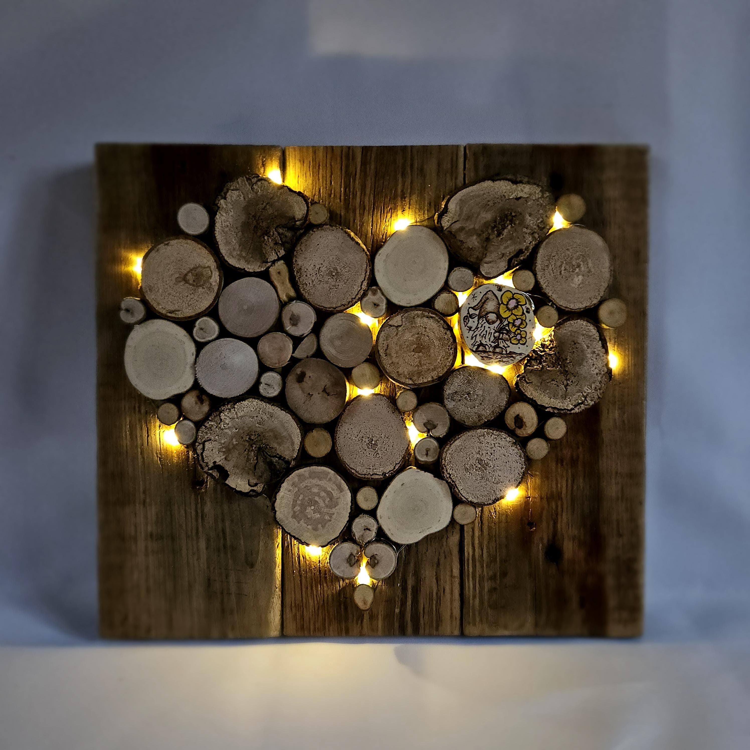 Wooden Wall Art wood decor featuring Heart Design and Pyrography Gonk & Flowers Detail, Rustic Wall Art, Wood Decor, Mother's Day Gift, made in Wotton-under-Edge, Gloucestershire, by Bough & Burrow - View 6